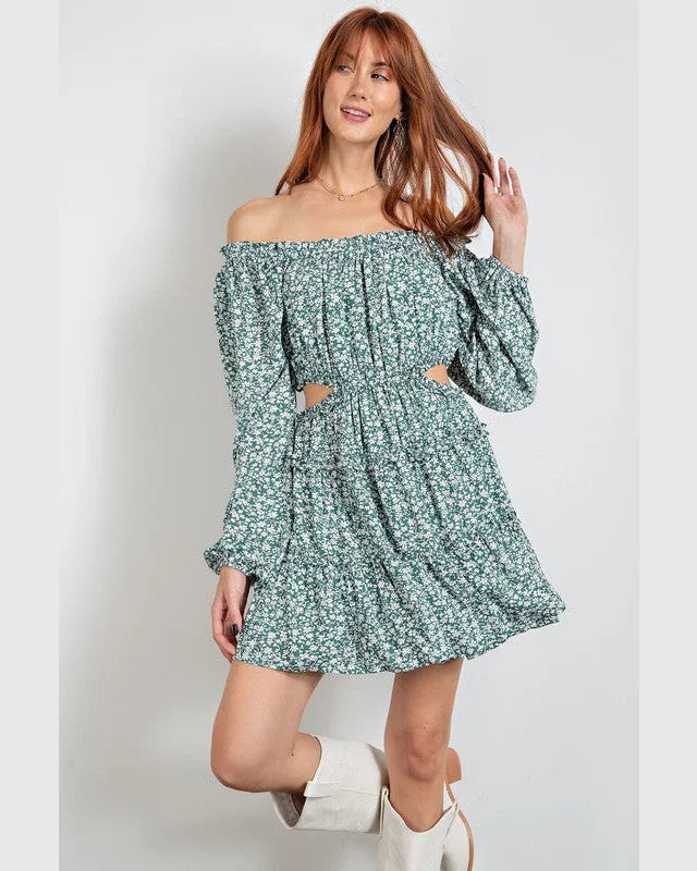 Floral Printed Challis Mini Dress-Dresses-Easel-Small-Forest Green-cmglovesyou