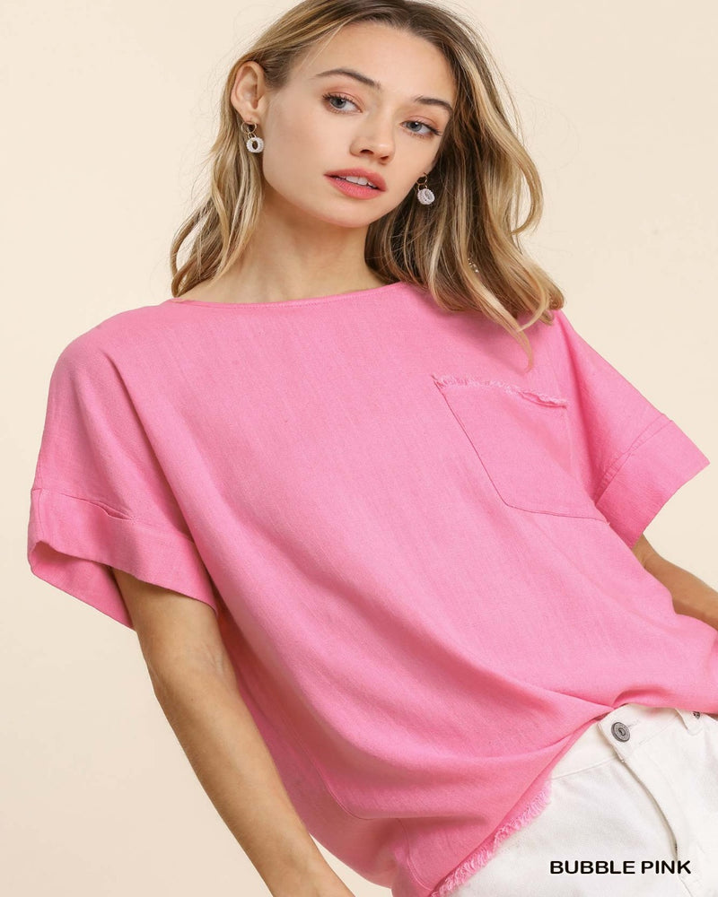 Cuffed Sleeves Frayed Hem Top-Tops-Umgee-Small-Bubble Pink-cmglovesyou