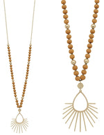 Wood Beaded with Gold Spiked Teardrop Necklace-Necklaces-What's Hot Jewelry-Mustard-cmglovesyou