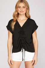 Drop Shoulder Satin Ruched Top-Shirts & Tops-She+Sky-Small-Black-cmglovesyou