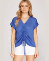 Drop Shoulder Satin Ruched Top-Shirts & Tops-She+Sky-Small-Blue-cmglovesyou