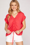 Drop Shoulder Satin Ruched Top-Shirts & Tops-She+Sky-Small-Cherry Pink-cmglovesyou