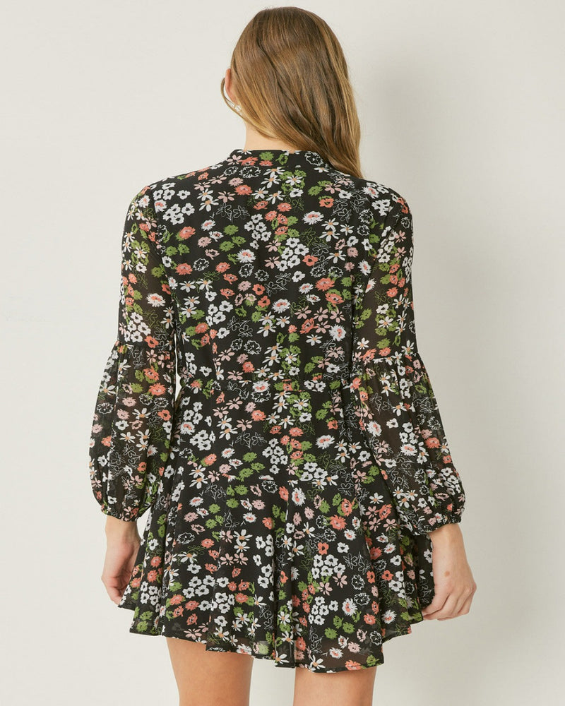 Floral Print Long Sleeve Mini dress-Dresses-Entro-Small-Black-cmglovesyou