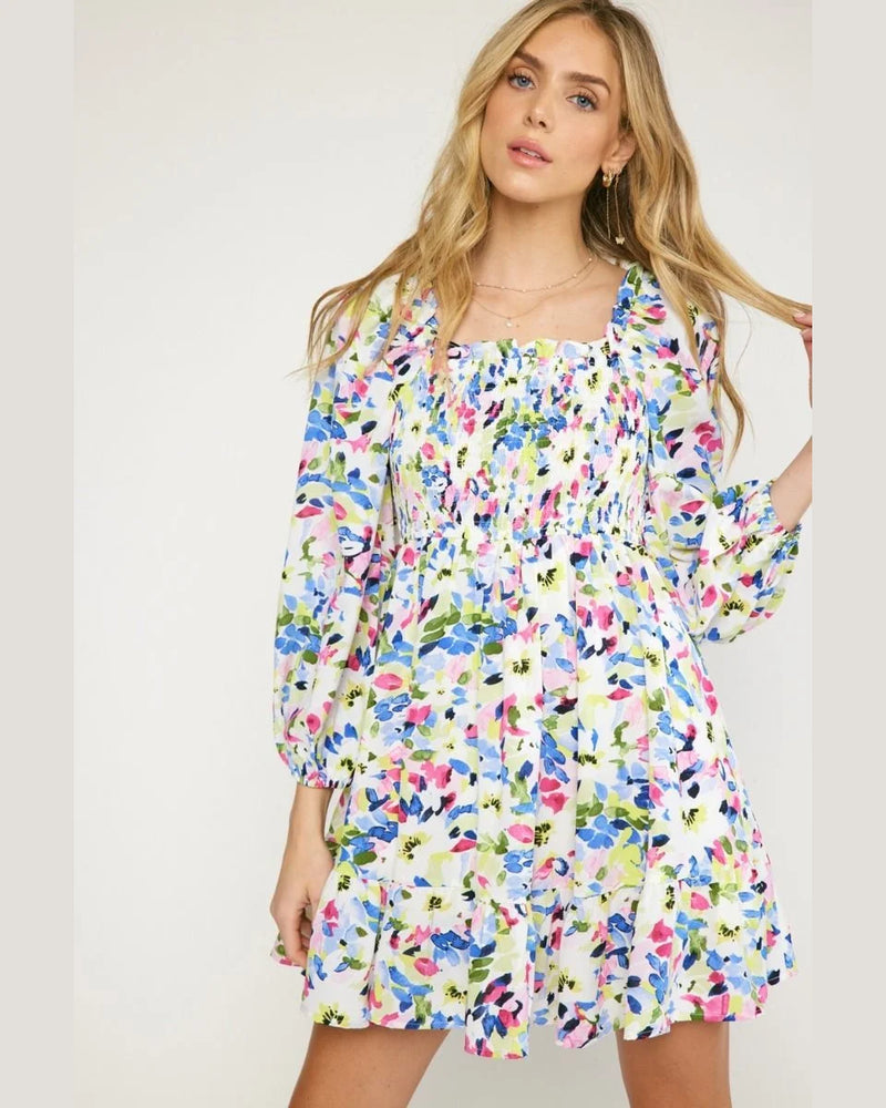 Floral Print Mini Dress-Dresses-Entro-Small-PinkBlue-cmglovesyou