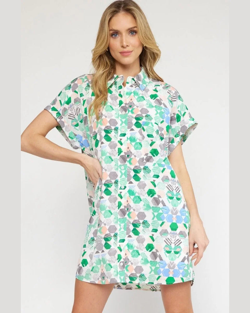 Geometric Print Dress-Clothing-Entro-Small-Green-cmglovesyou