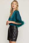 Satin and Feather Trim at Sleeve Bodysuit-bodysuit-Entro-Small-Hunter Green-cmglovesyou