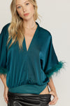 Satin and Feather Trim at Sleeve Bodysuit-bodysuit-Entro-Small-Hunter Green-cmglovesyou