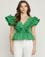 Solid V-neck Peplum Top-Tops-Entro-Small-Green-cmglovesyou