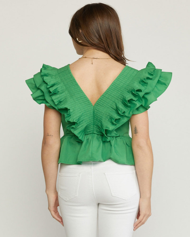 Solid V-neck Peplum Top-Tops-Entro-Small-Green-cmglovesyou