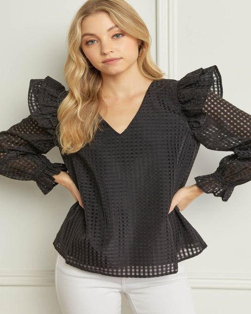 Sheer Grid V-neck Top-Tops-Entro-Small-Black-cmglovesyou