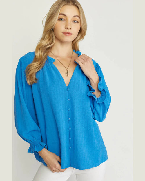 Solid Textured Button Blouse-Tops-Entro-Small-Cobalt Blue-cmglovesyou