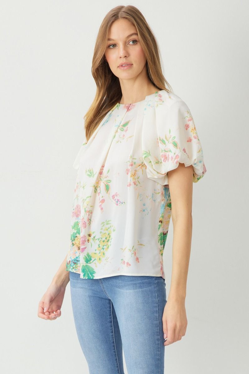 Floral Ruffle Sleeve Top-Shirts & Tops-Entro-Small-Lemon Green-cmglovesyou