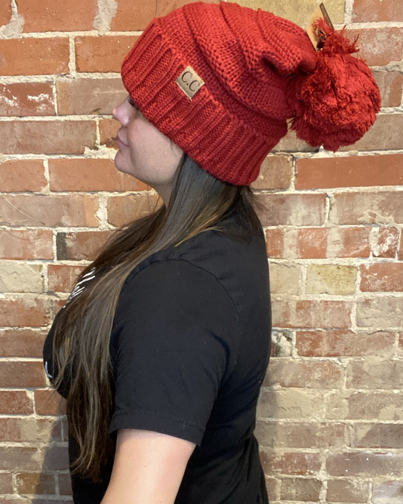 Slouchy Pom Pom Beanie-Accessories-Suzie Q-red-cmglovesyou