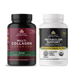 Multi collagen advanced lean capsules next to a bottle of metabolism support probiotics 