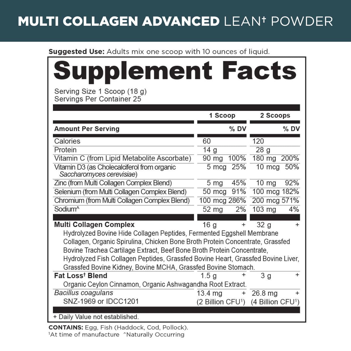 Multi collagen advanced lean powder supplement label