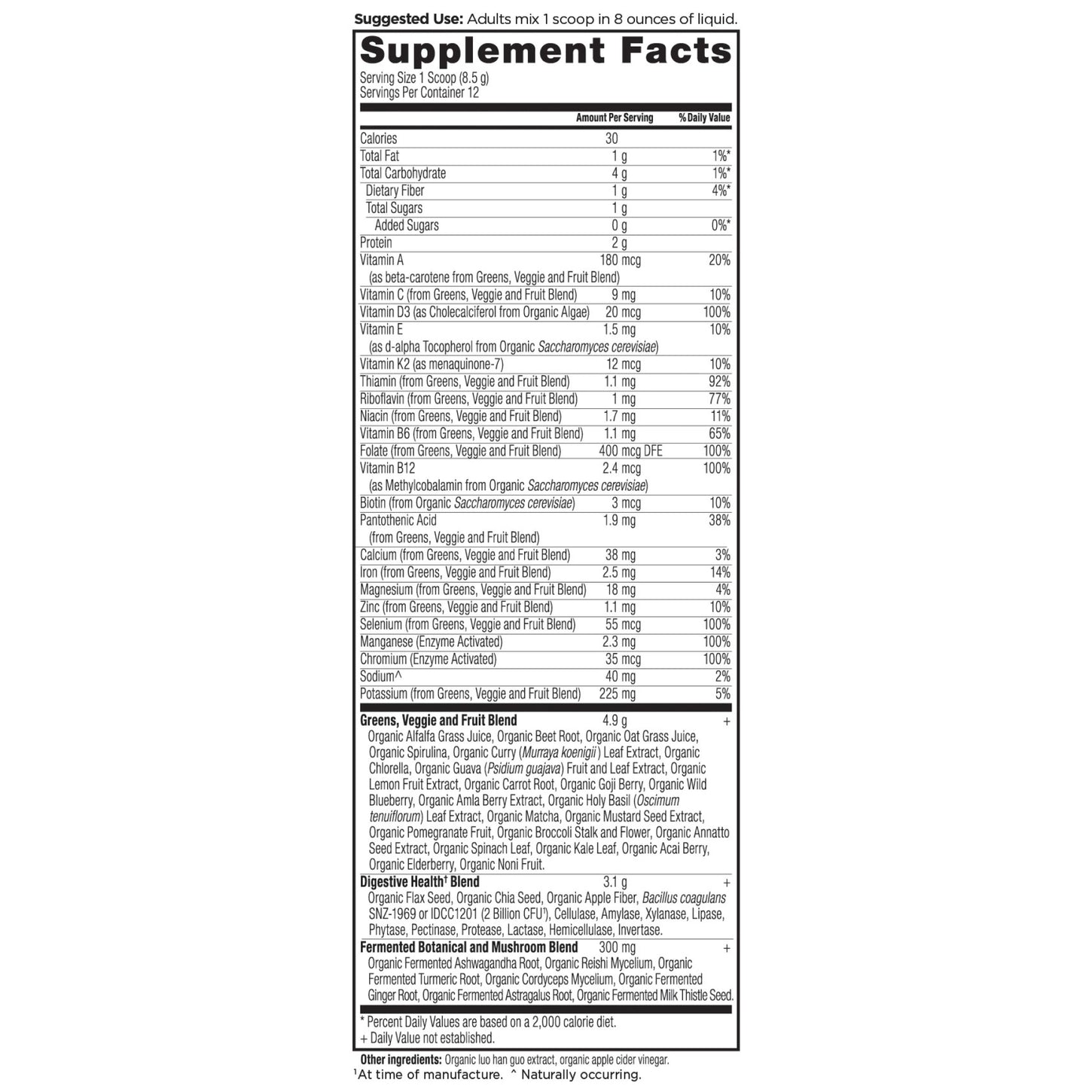 Organic SuperGreens + Multivitamin Powder (12 Servings) supplement label