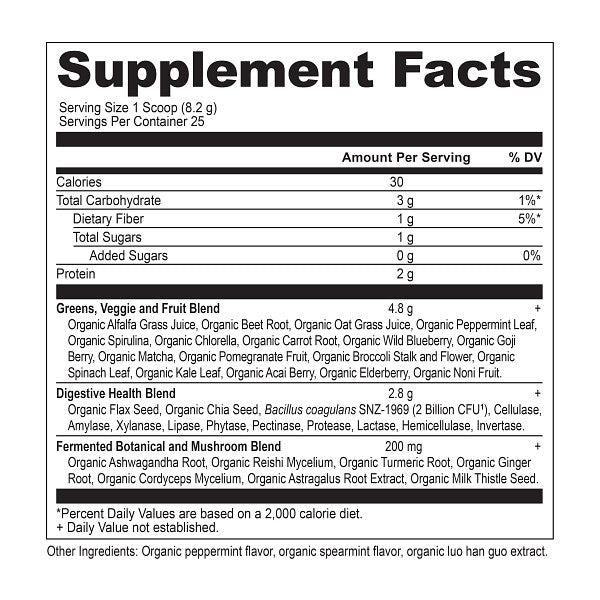 Organic SuperGreens Mint Flavor -Supplement Label