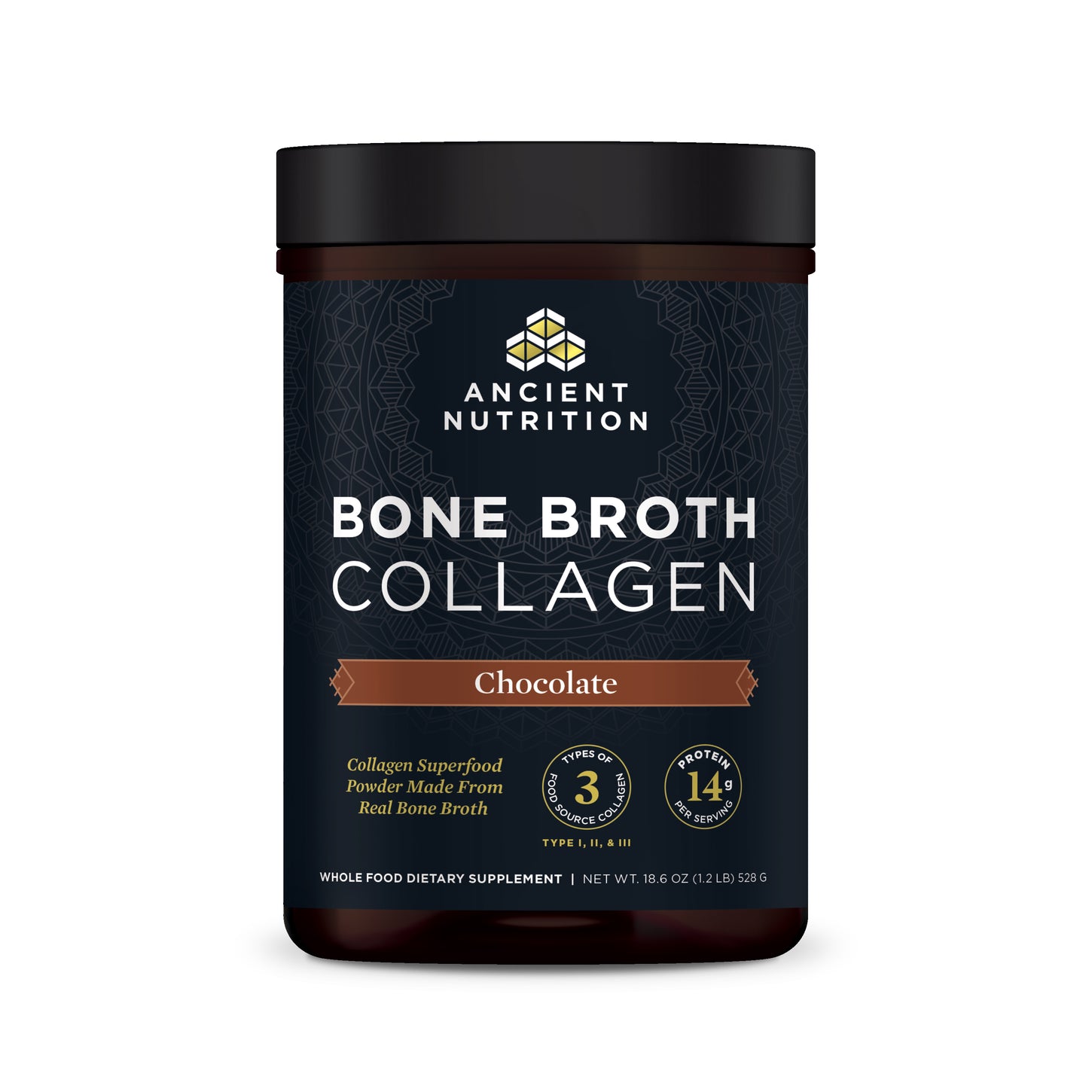 bone broth collagen chocolate front of bottle