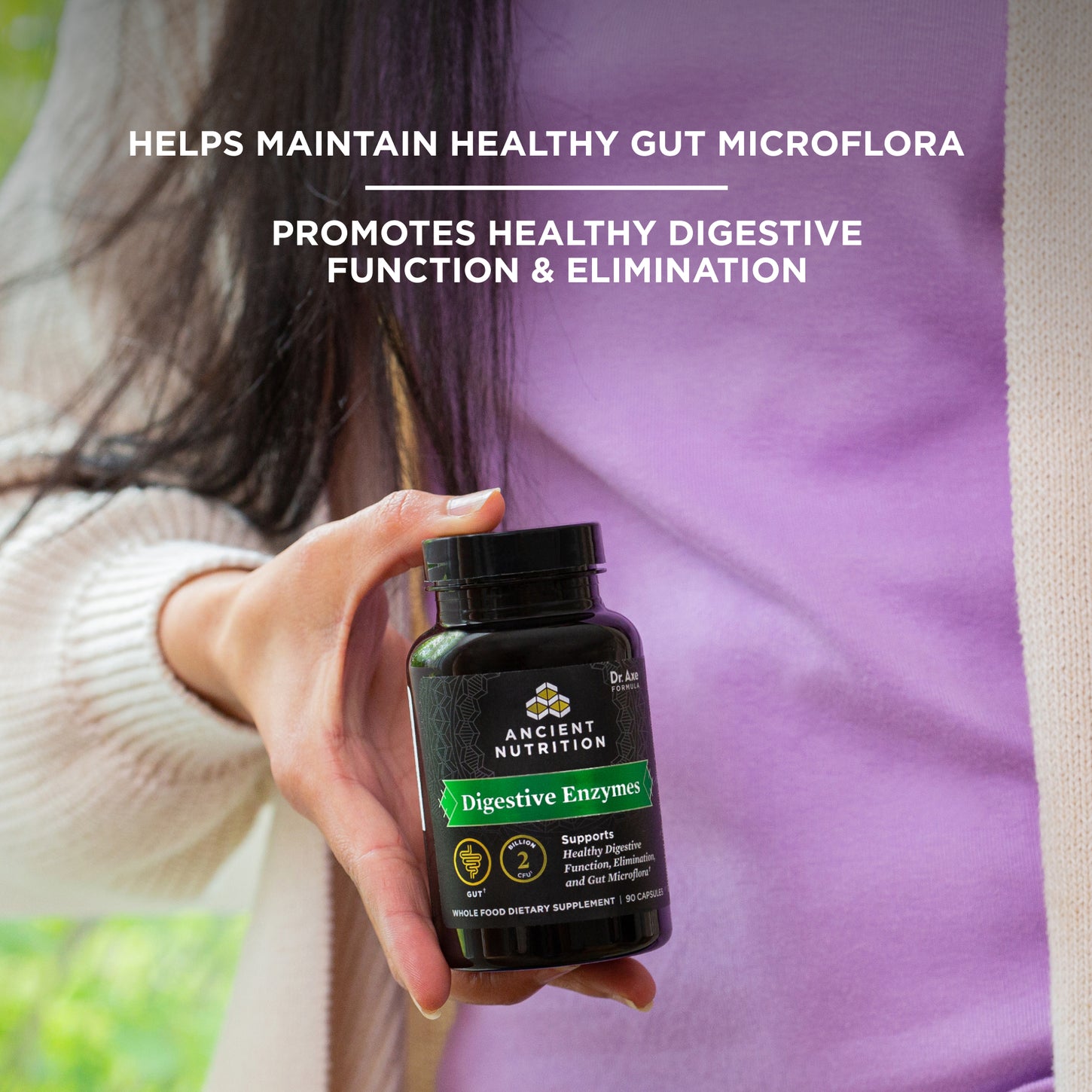 digestive enzymes bottle in persons hand