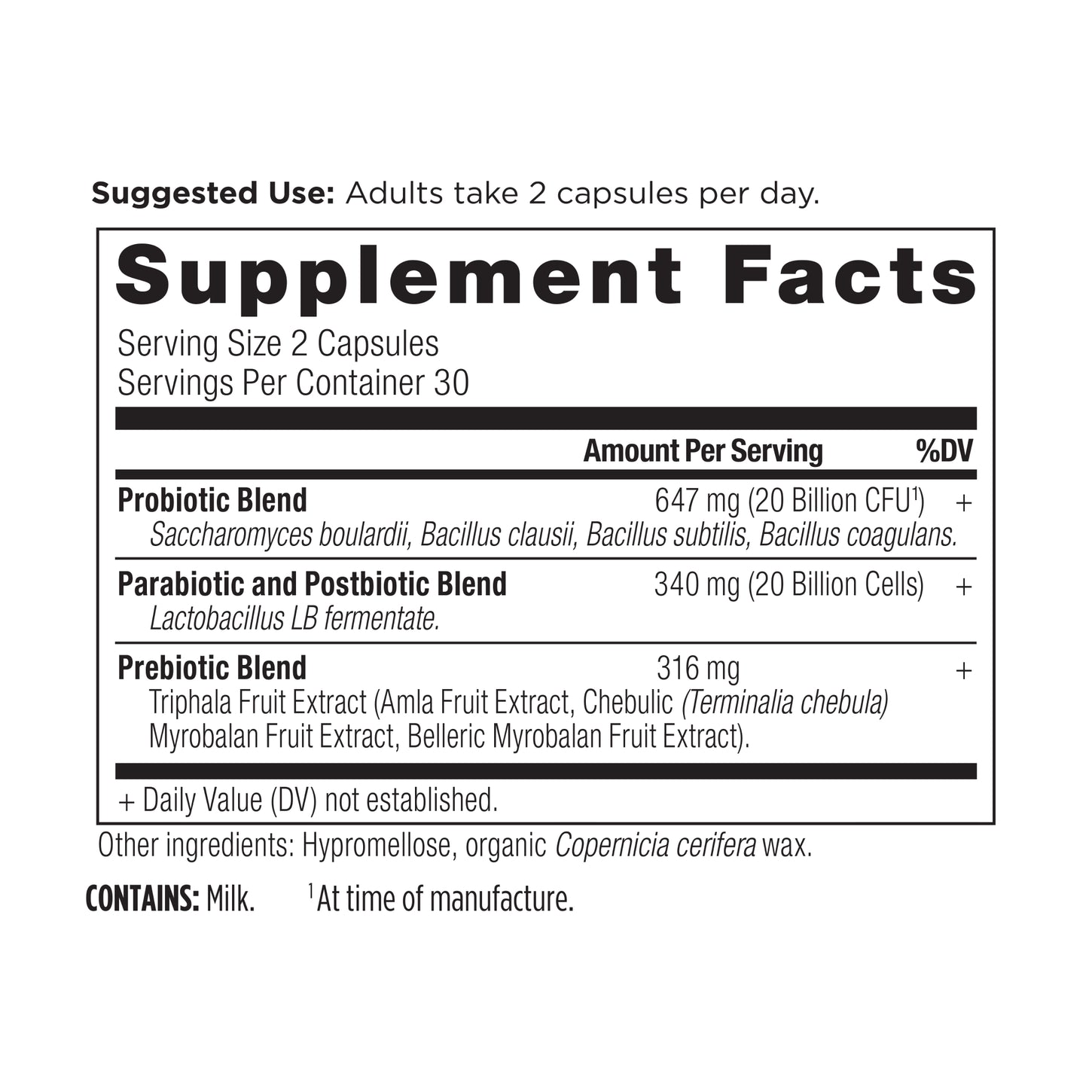 SBO Probiotics Trinity Capsules supplement label