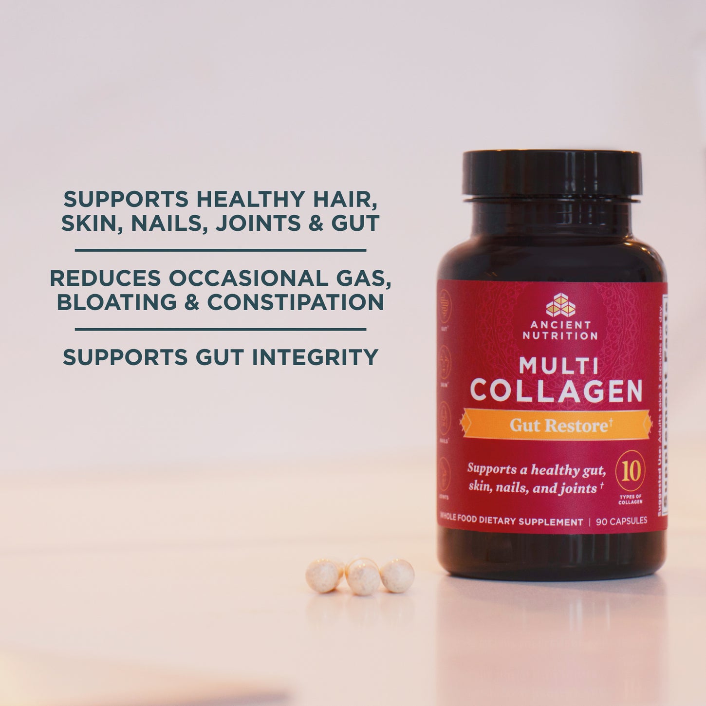 Multi Collagen Gut Restore Capsules (90 Capsules) on a counter