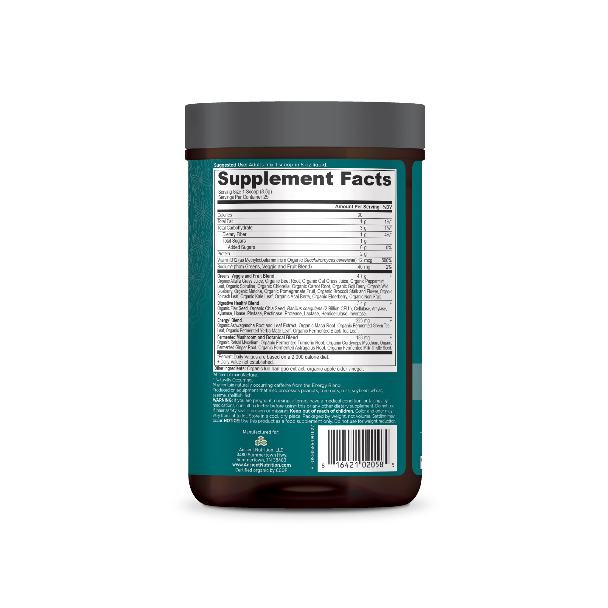 Organic Super Greens Energize Powder back of bottle