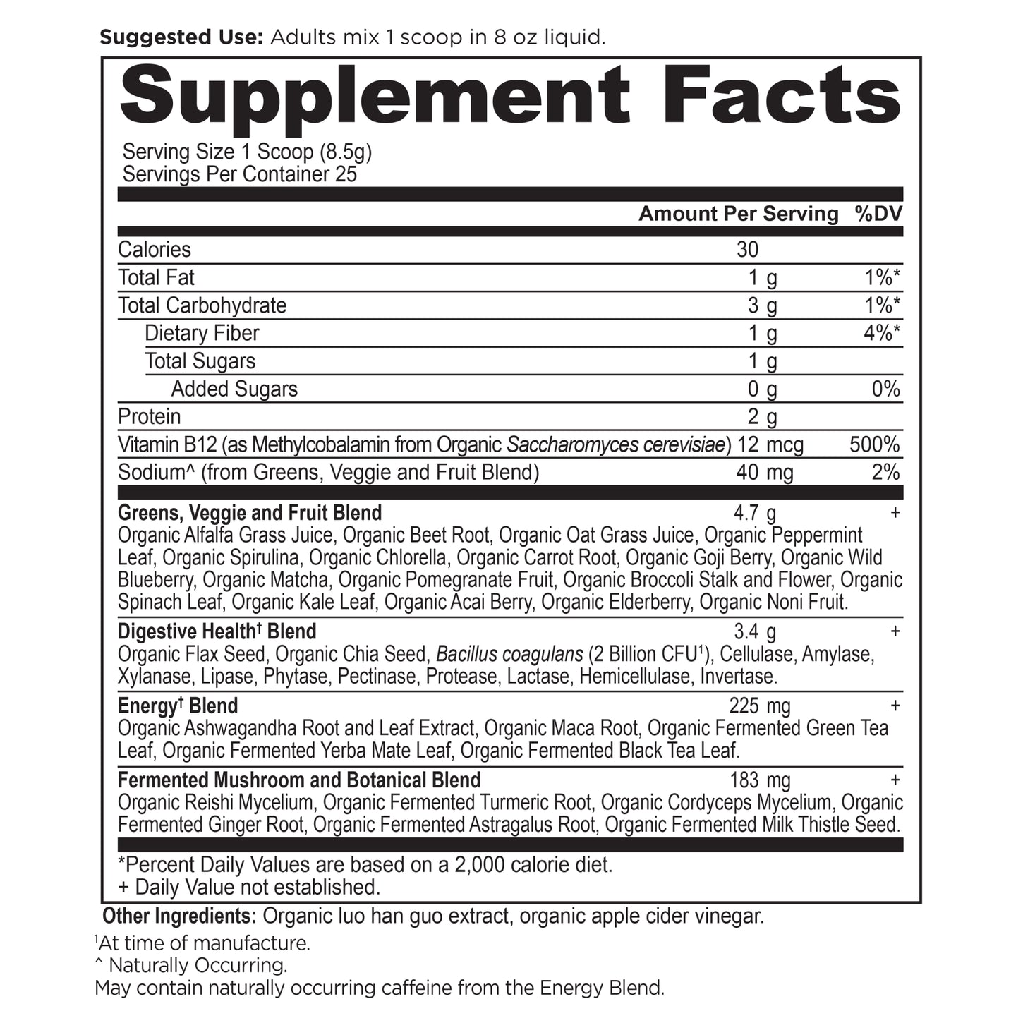 Organic Super Greens Energize Powder supplement label