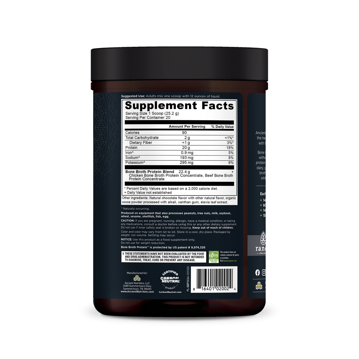 Bone Broth Protein Chocolate back of container with supplement facts