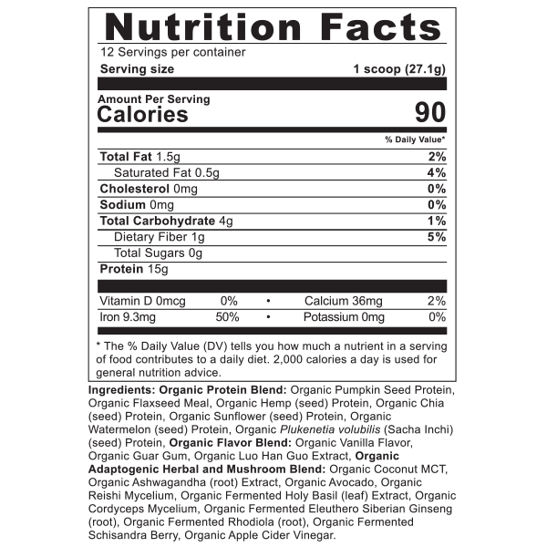 plant protein vanilla supplement label