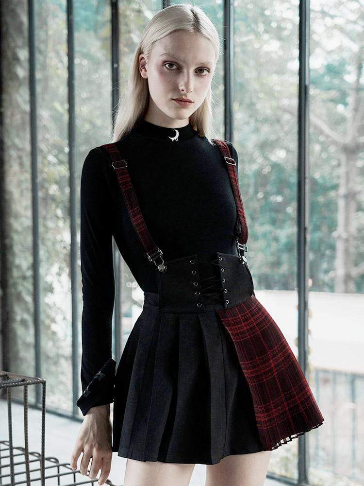 red plaid skirt with suspenders