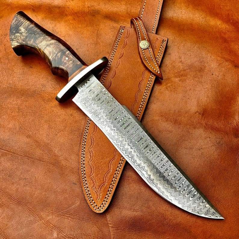 CUSTOM HANDMADE DAMASCUS STEEL BOWIE KNIFE WITH LEATHER SHEATH – NB ...