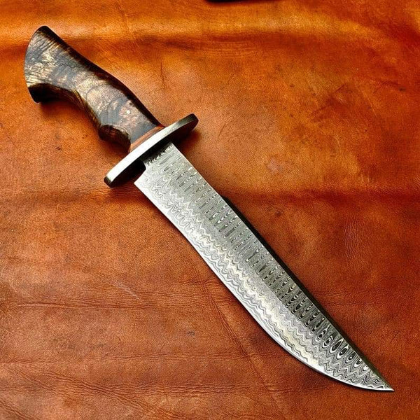 CUSTOM HANDMADE DAMASCUS STEEL BOWIE KNIFE WITH LEATHER SHEATH – NB ...