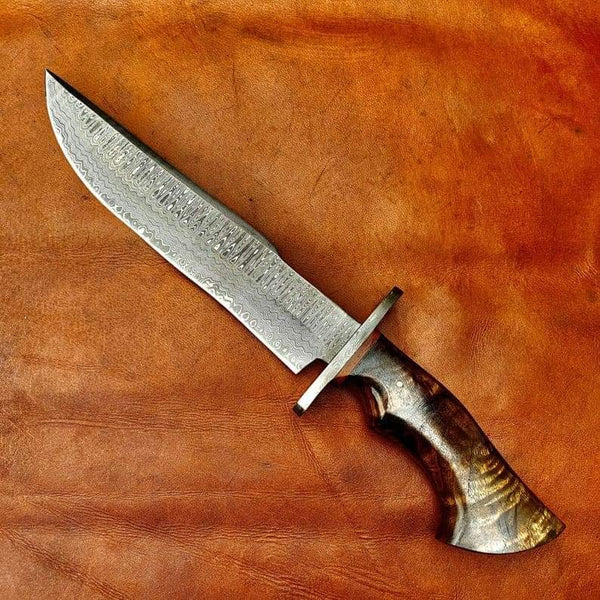 CUSTOM HANDMADE DAMASCUS STEEL BOWIE KNIFE WITH LEATHER SHEATH – NB ...