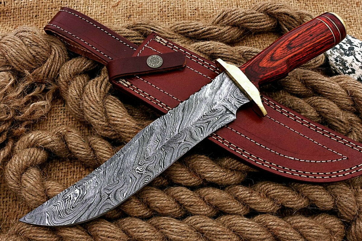 CUSTOM HANDMADE DAMASCUS HUNTING BOWIE KNIFE WITH LEATHER SHEATH – NB ...