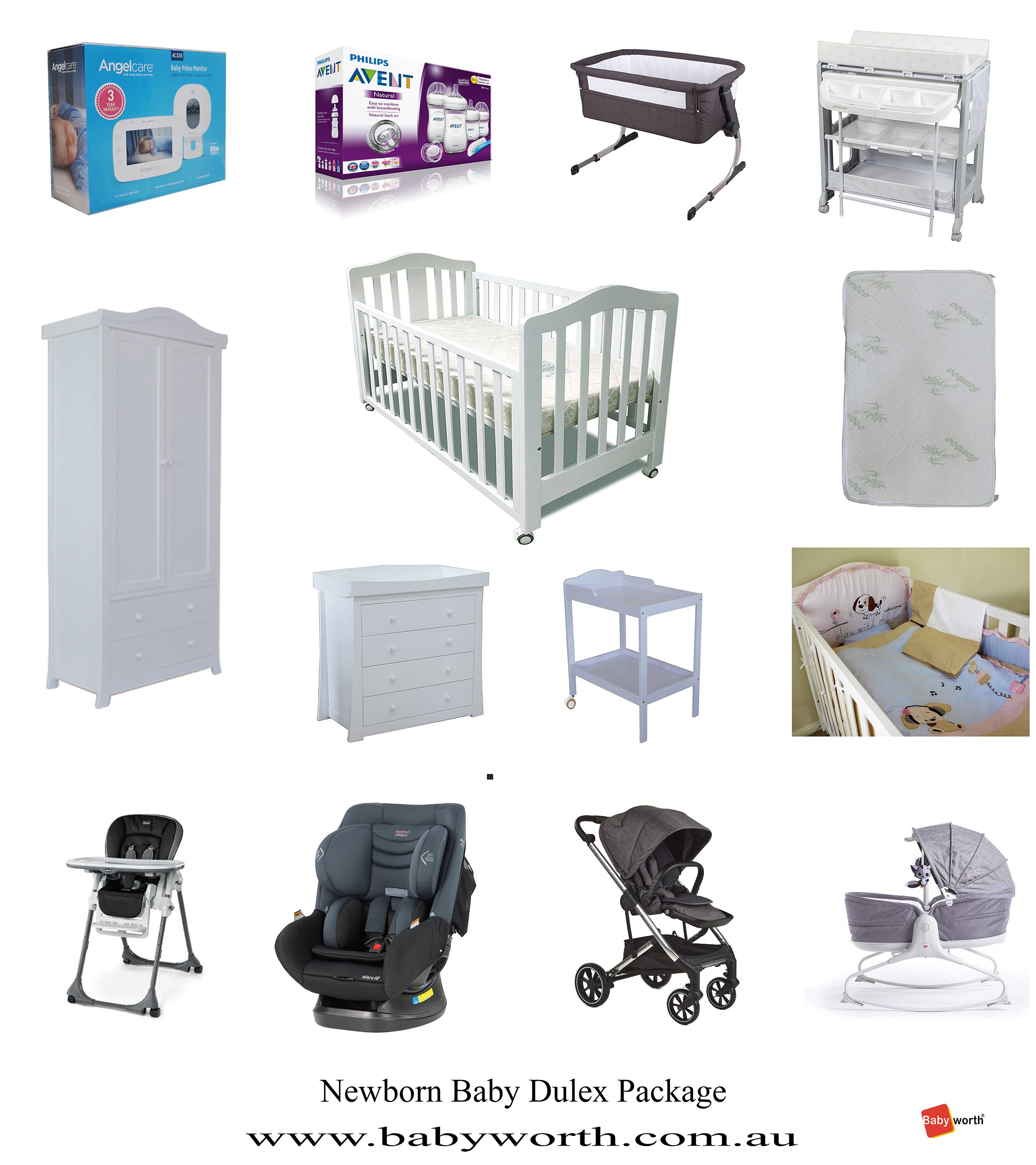 Babyworth Cot Mother's Choice Car Seat Luxi Baby Pram Childcare Bath Centre Avent Bottle Angelcare  Monitor Chicco Highchair Tiny Love Rocker Babyworth Cosy Sleeper Mattress Change Table Chest Robe Bedding Package