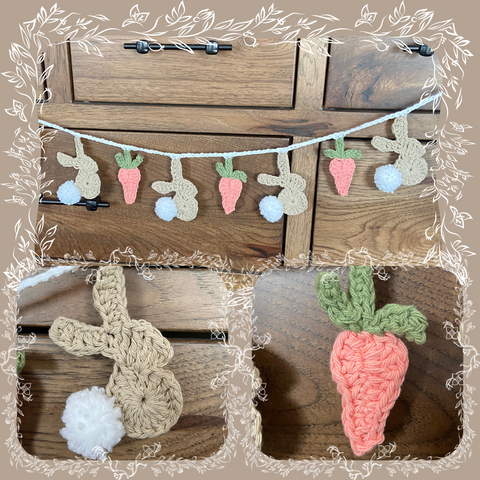 Garland made of cotton yarn. Small beige bunnies with fluffy white tails, alternating with coral colored carrots.