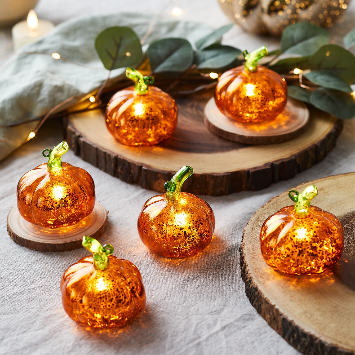 6 Citrouilles Lumineuses Miniatures en Verre | Lights4fun.fr