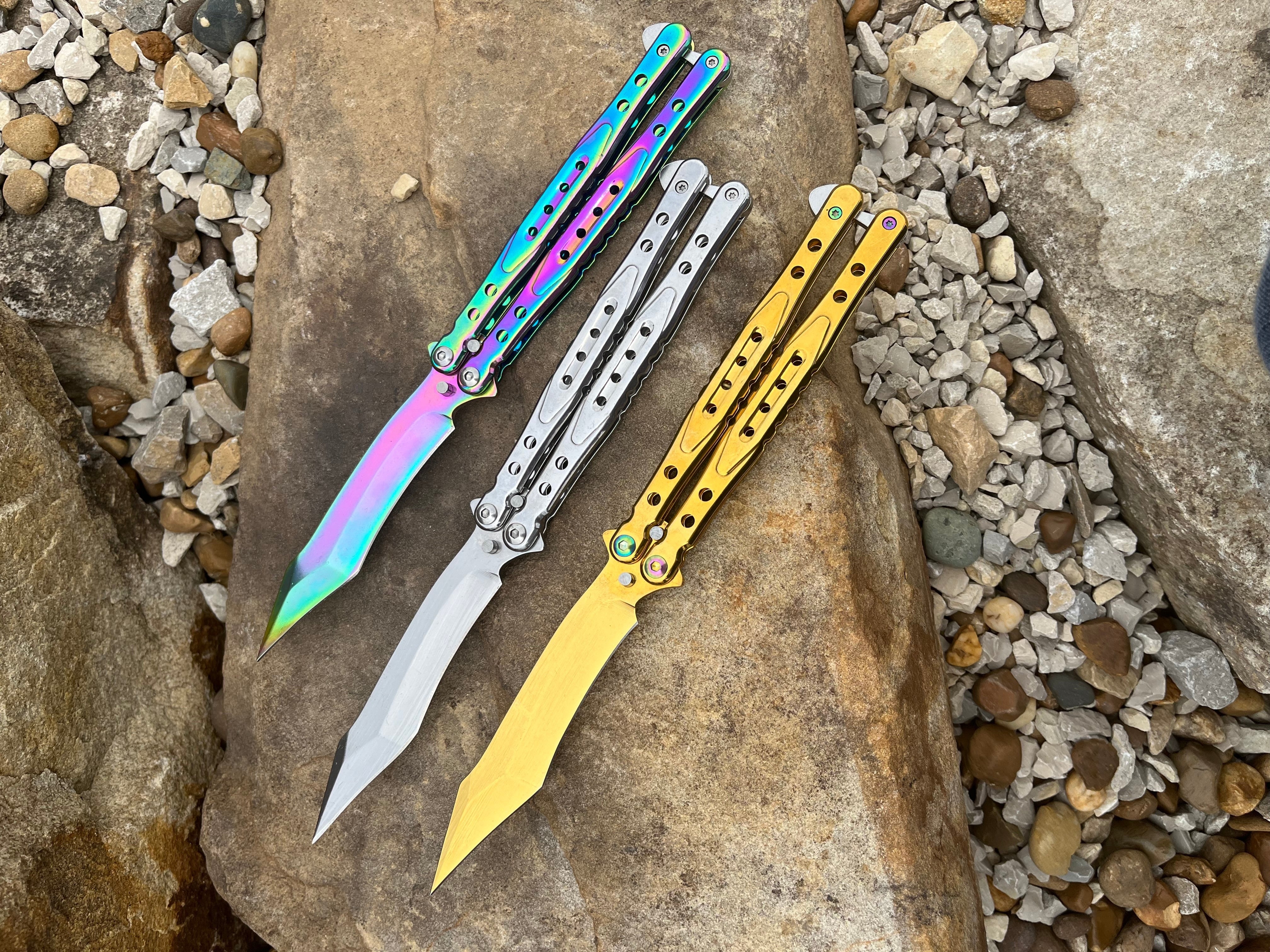 Rainbow Slotted Butterfly Knife – Stainless Steel Blade, Skeletonized  Steel, Latch Lock, Steel Handle – Length 9”