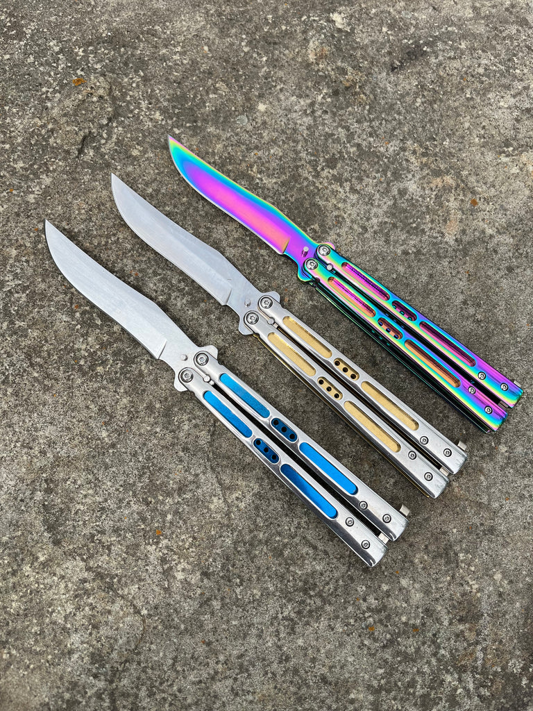 Rainbow Slotted Butterfly Knife – Stainless Steel Blade, Skeletonized  Steel, Latch Lock, Steel Handle – Length 9”