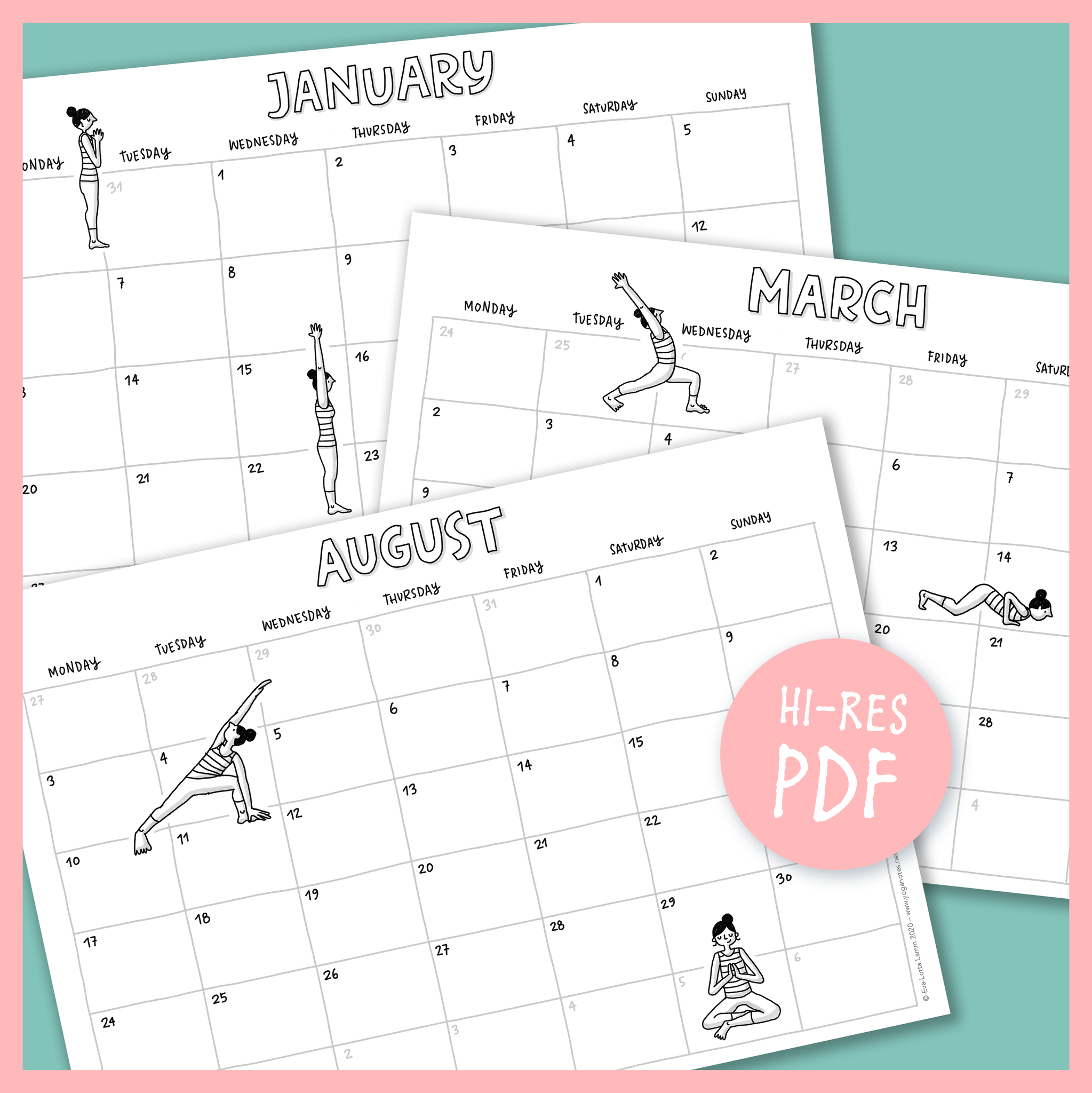 Illustrated Printable Calendar 2020 Yoga Asanas Eva Lotta S Shop