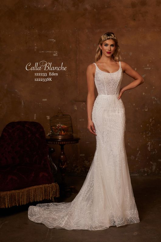 Shazeem Straight Across 3D Lace Sheath Wedding Gown by Calla