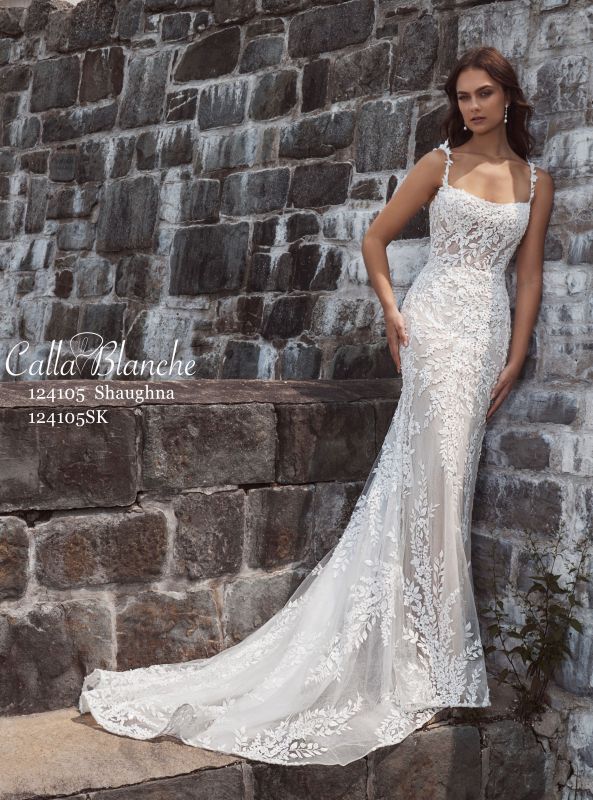 Shazeem Straight Across 3D Lace Sheath Wedding Gown by Calla