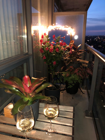 Katie's balcony after the makeover in the evening, including a cluster of pink plants such as the mandevilla, bromeliad, ruby rubber, caladium. It is lit by twinkle lights and mirrors.