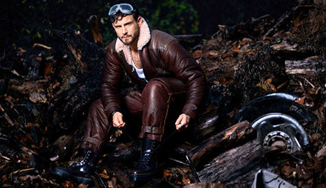 Nico Tortorella wearing Cockpit USA's Sheepskin Flight Suit