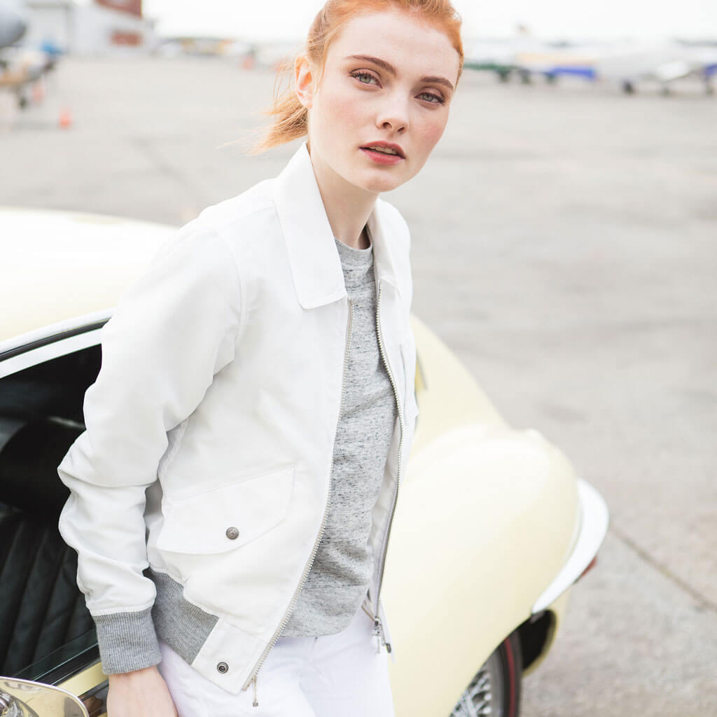 Women’s White Leather Bomber Jacket