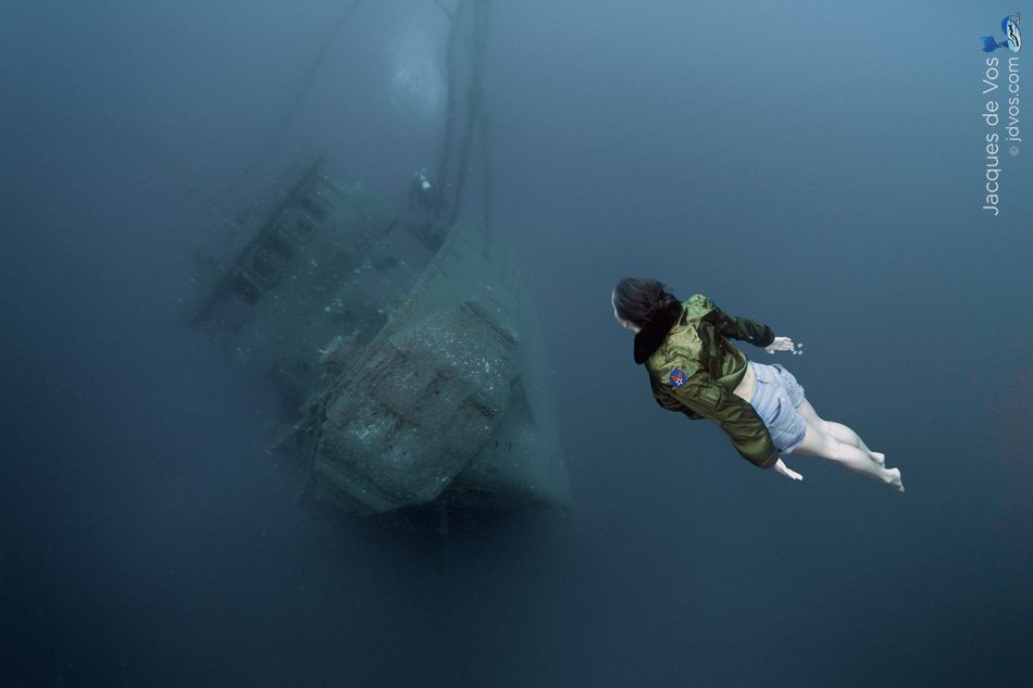 World Record freediver Alenka Artnik exploring a wreck in front of Freedive International in our Trendsetter B-15. Photographed by Jacques de Vos