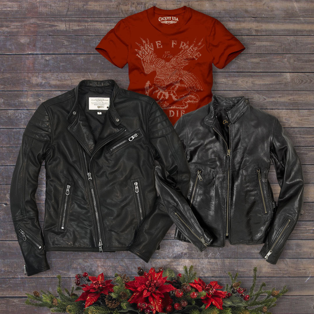 Take 20% off our Dirt Track Racer Jacket, Motorcycle Cafe Racer Jacket, and Live Free or Die Tee on Dec. 15 with code: DAYSIX
