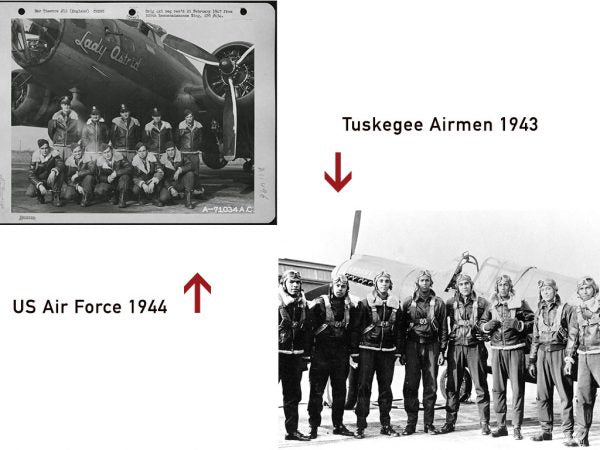 B-17 앞의 미 육군 공군 1944. 양가죽과 A-2 파일럿 재킷을 입은 Tuskegee Airmen 1943.