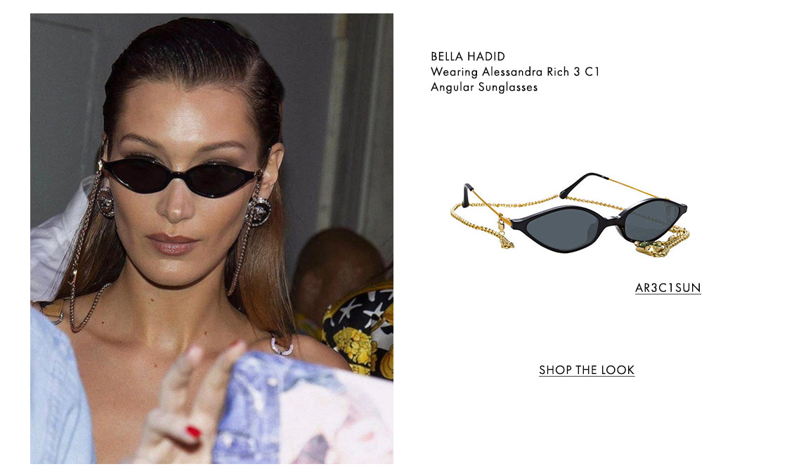 BELLA HADID Wearing Alessandra Rich 3 C1 Angular Sunglasses. AR3C1SUN shop the look