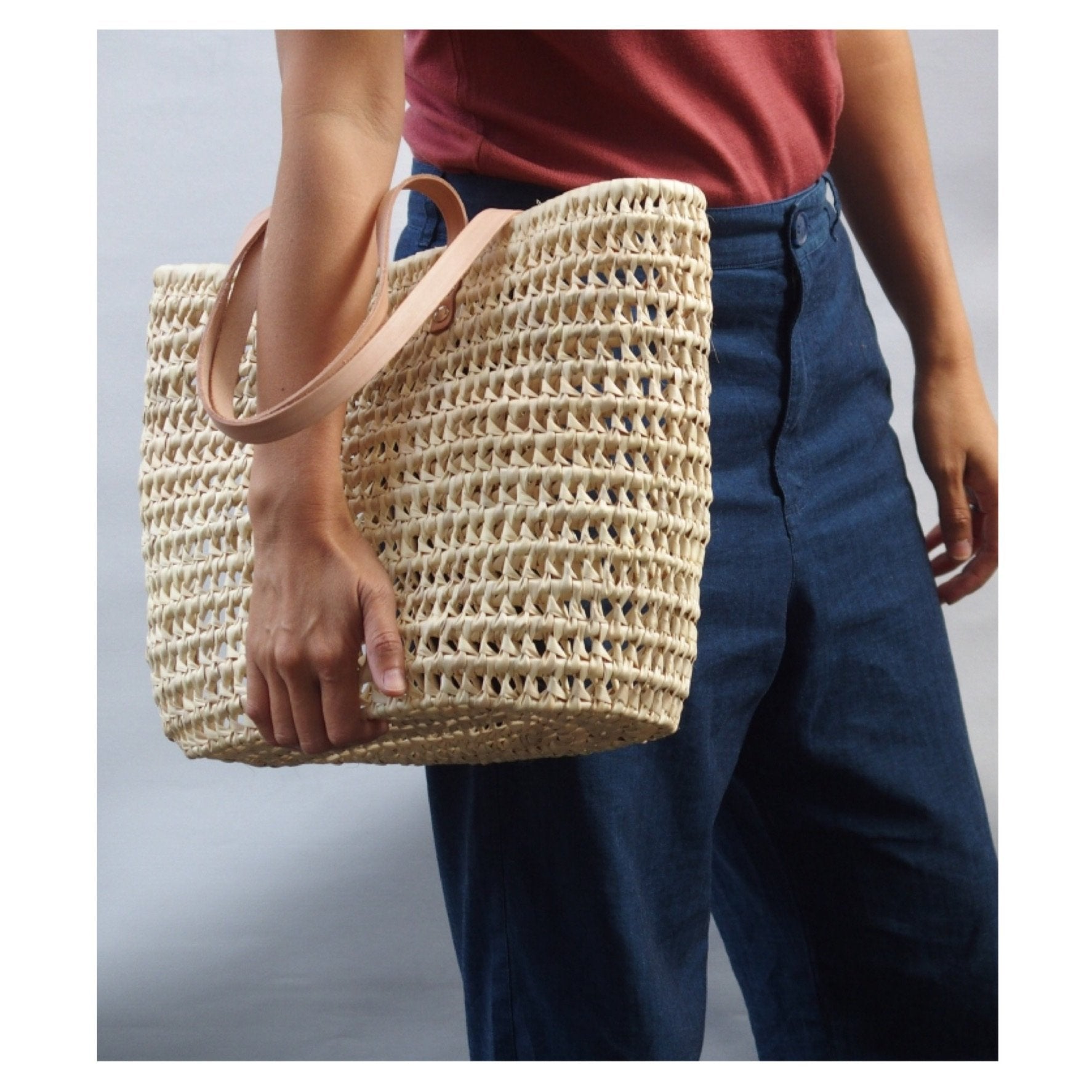 DAILY BASKET KNITTED SHOPPER - FLAT LEATHER HANDLE – MIKANU